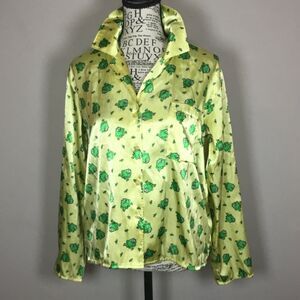 Yellow green frogs pj top satin button down soft pocket long sleeve frog M